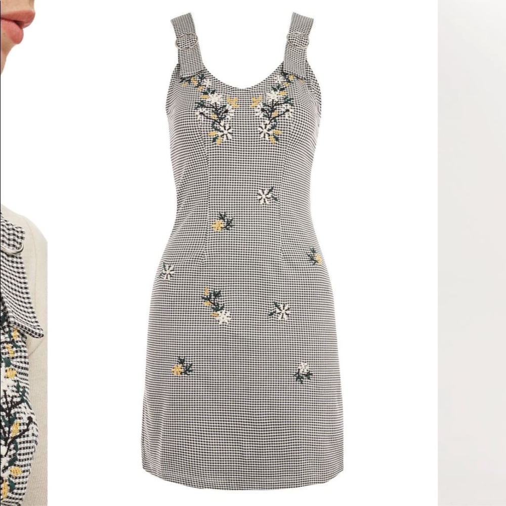 Topshop Embroidered Gingham Pinafore Dress